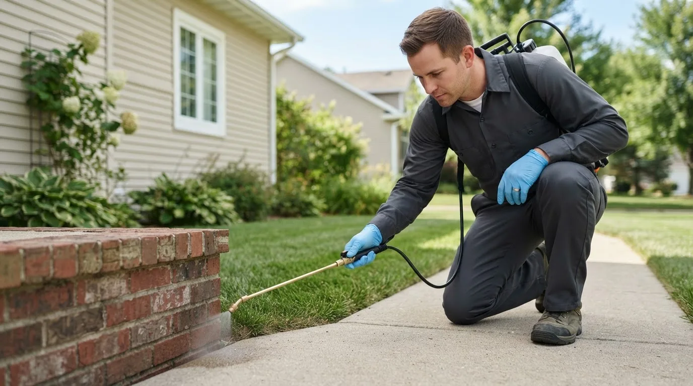 Pest control technician treating a home near Atkins, AR